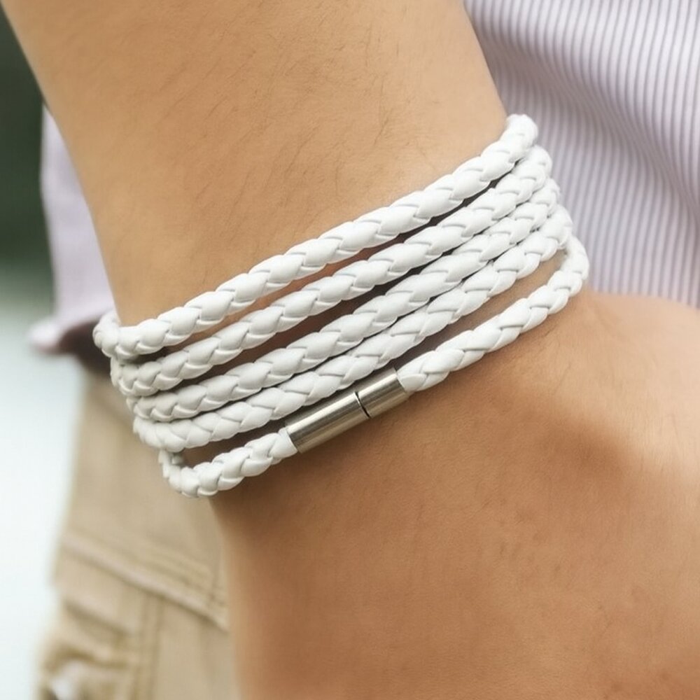 WHITE Braided Leather Wrap Bracelet – Magnetic Clasp | Multiple Colors | 35.5"